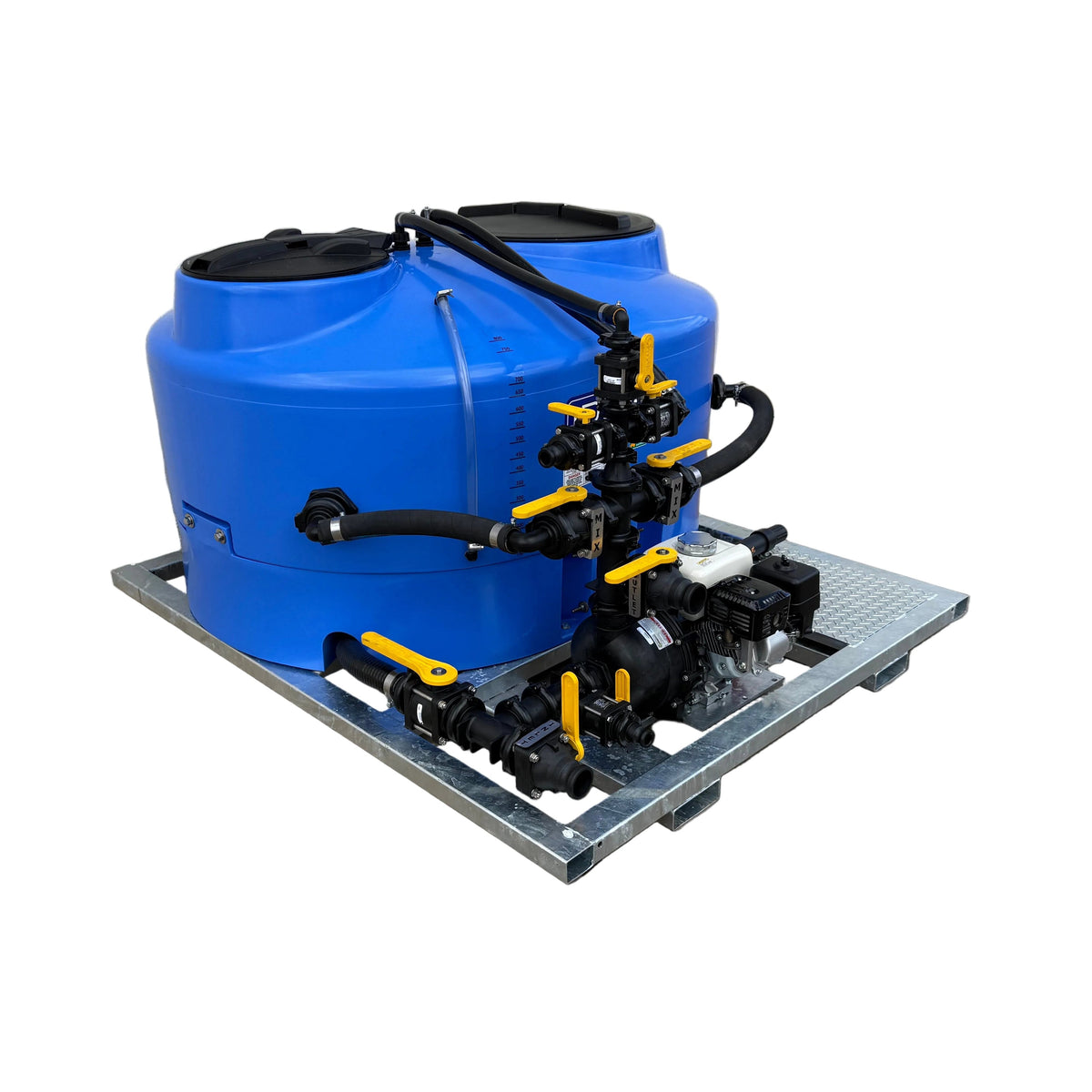 A large blue industrial water tank mounted on a metal platform with black and yellow hydraulic piping and controls, 