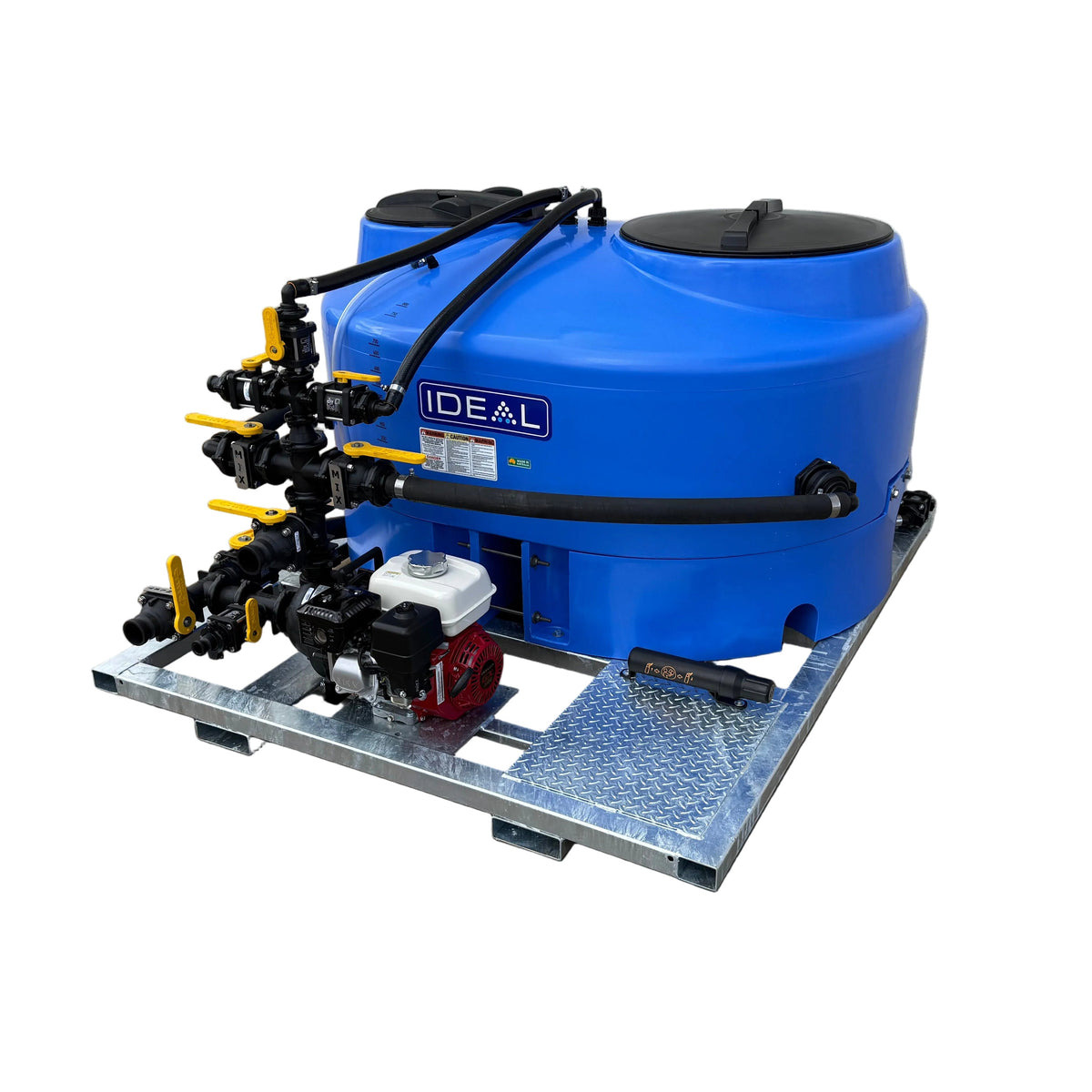 An Ideal agricultural sprayer system with a large blue tank, black pumps, and a red and white engine mounted on a metal skid